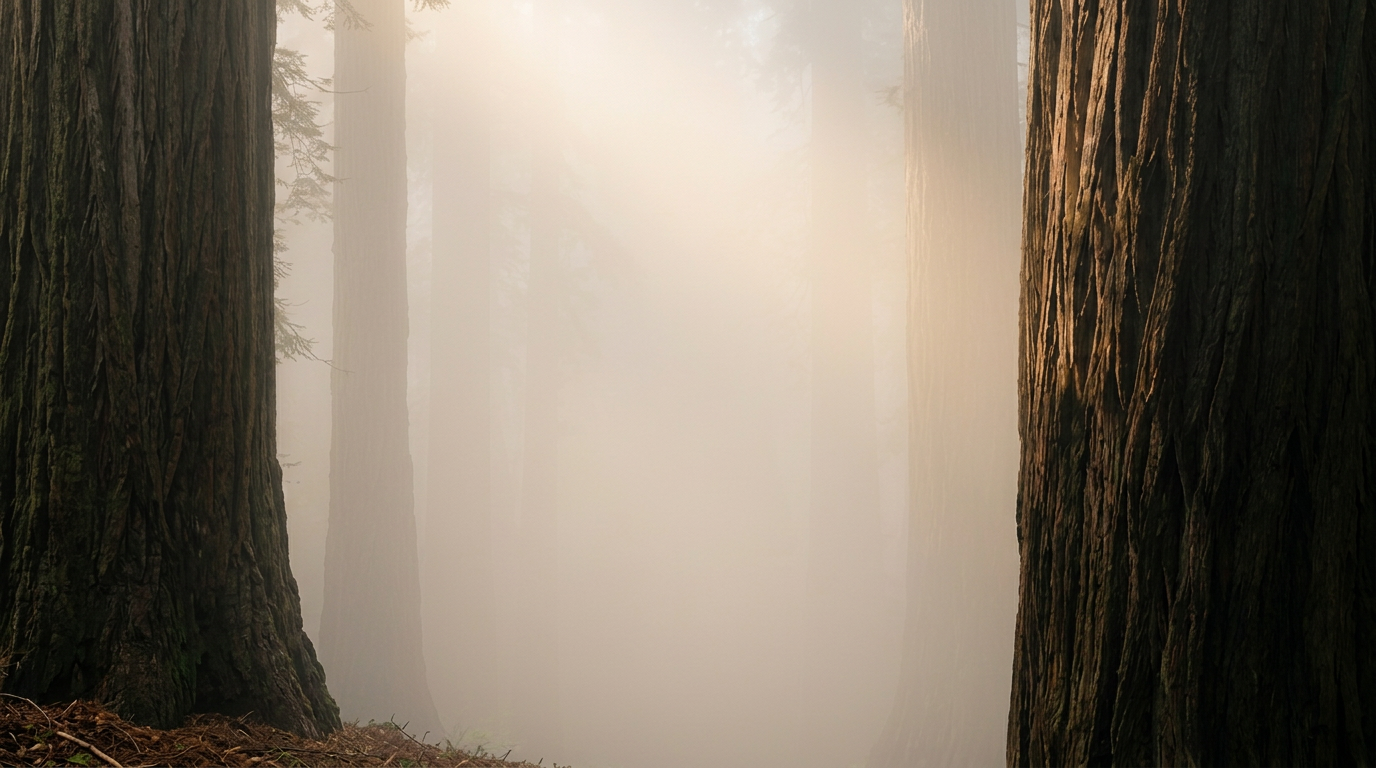 A quiet California coastal redwood forest in morning fog.