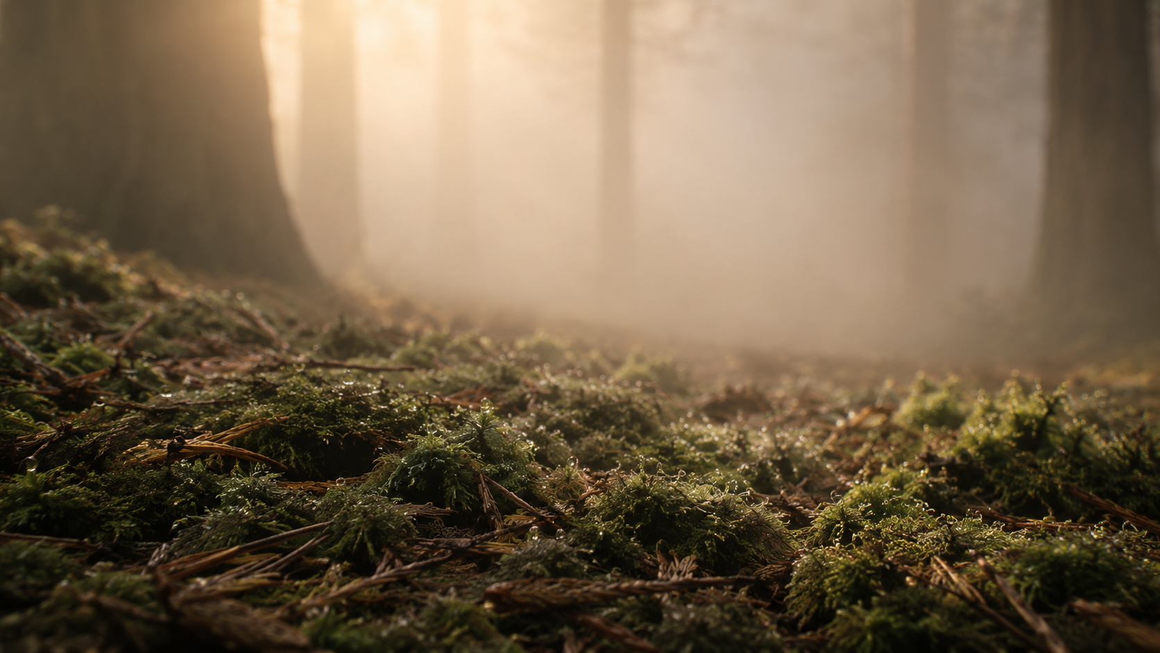 The forest floor covered in moss and morning moisture.